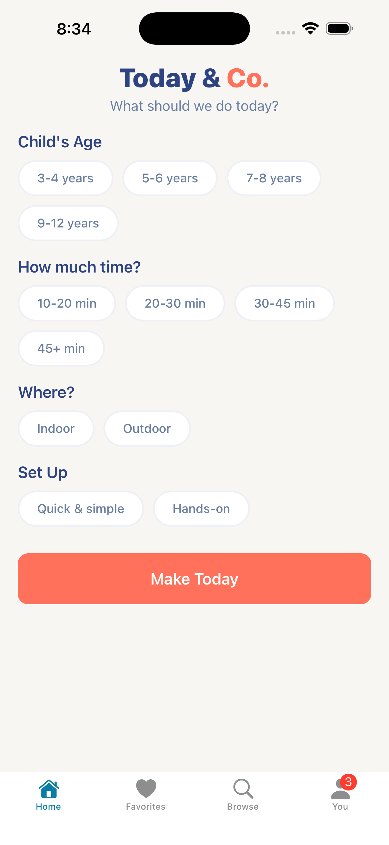 Home screen with activity filters
